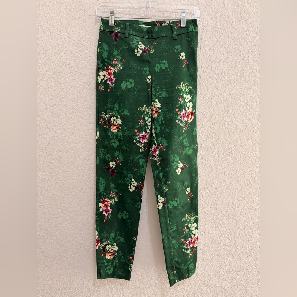 H&M Green Floral Skinny Pants | Stretch Tapered Fit Trousers